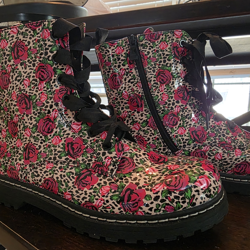 Betsey Johnson Pink Floral Combat Boots 12W